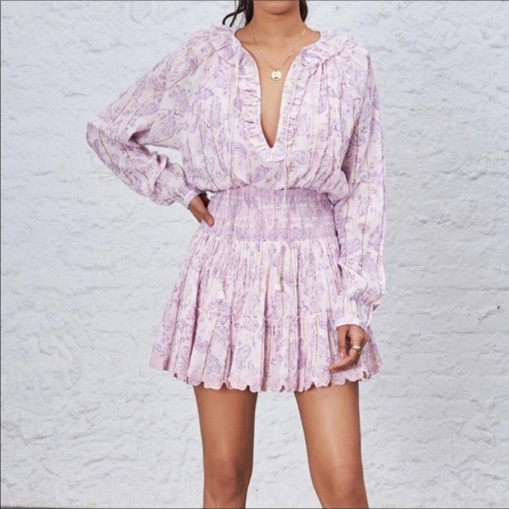 House of Harlow 1960 White GREEN Paisley Print Smocked Long Sleeve Mini Dress M